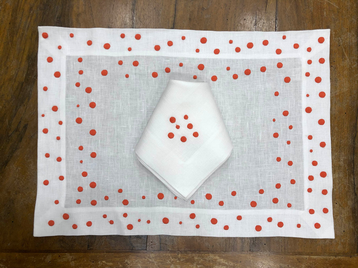 Set of 2 coral polka dot placemats and 2 napkins