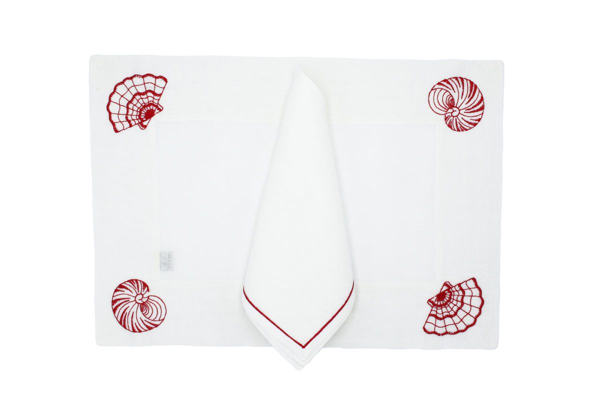 Placemat and napkin set red/white shells