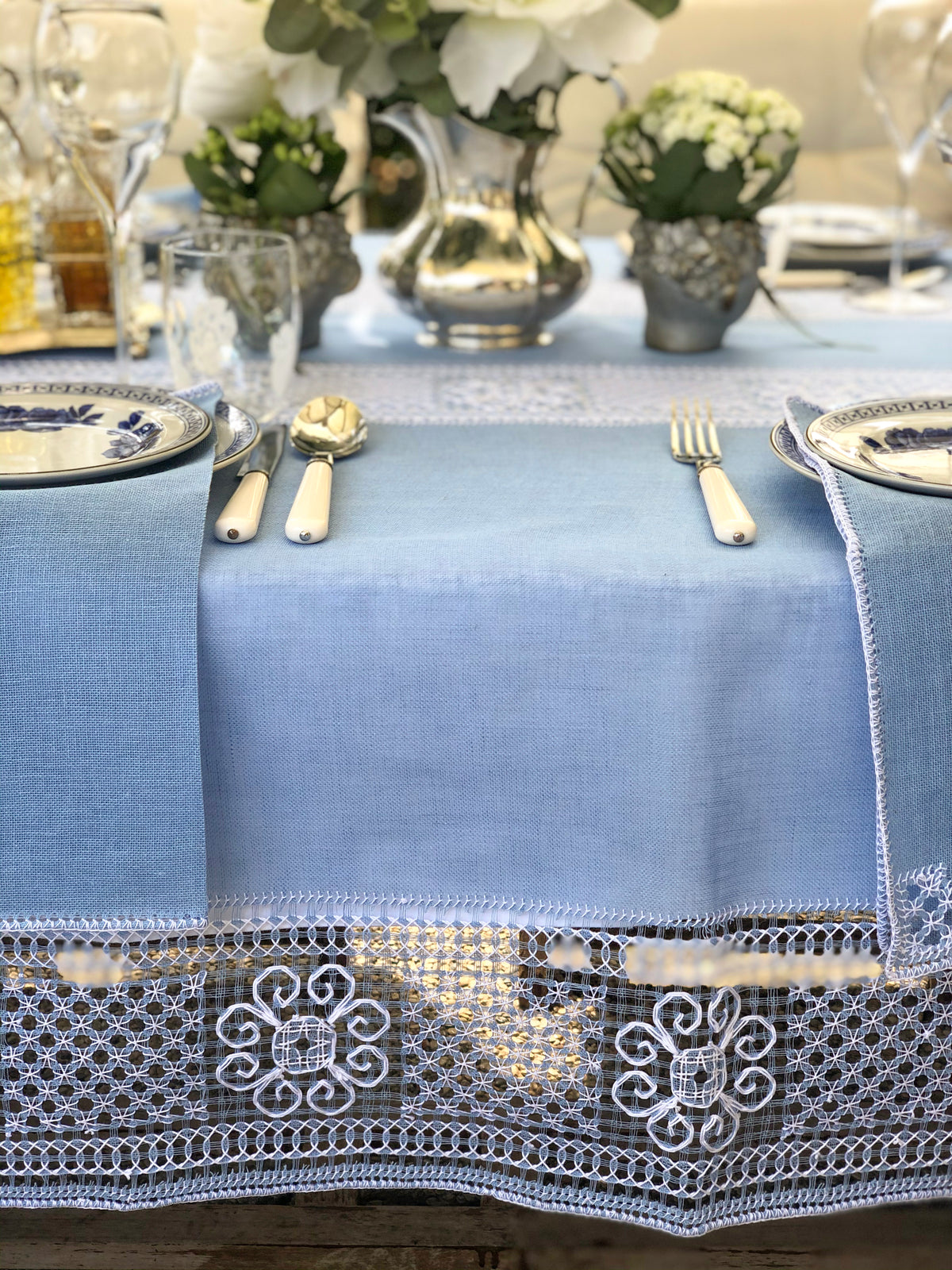 Light blue bissone tablecloth