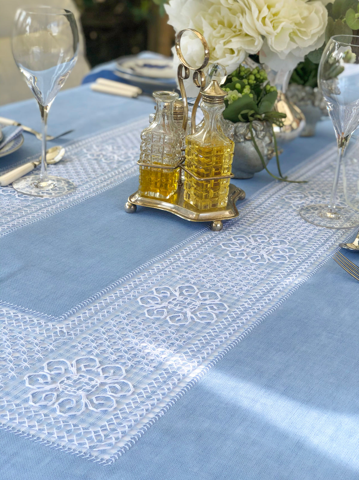 Light blue bissone tablecloth
